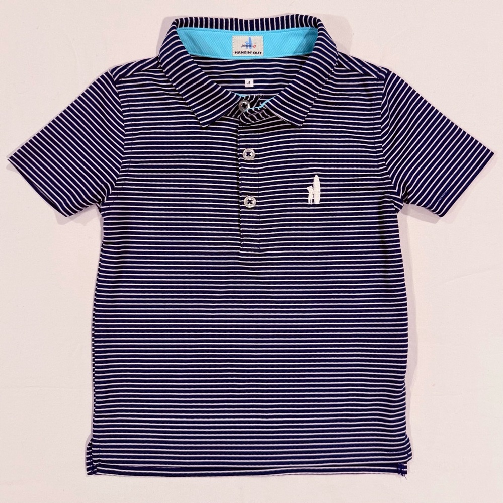 Johnnie-O Merrins Polo Shirt Boys 4 Performance Navy White Stripes Surf UPF 50+